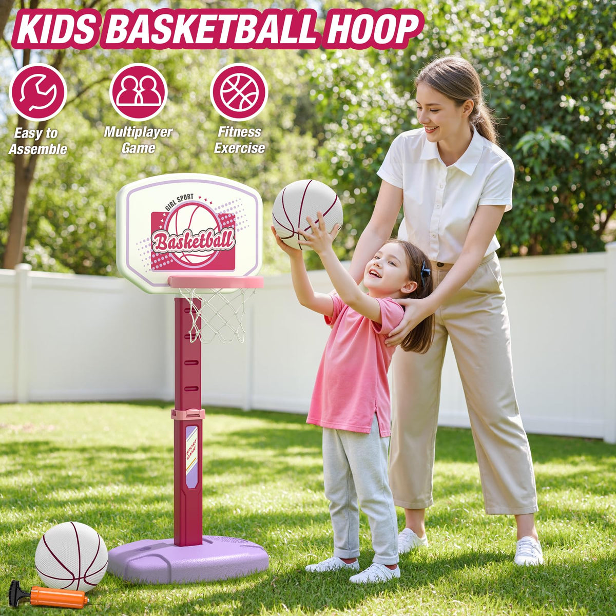HYES adjustable height hoop and stand in pink suitable for different ages