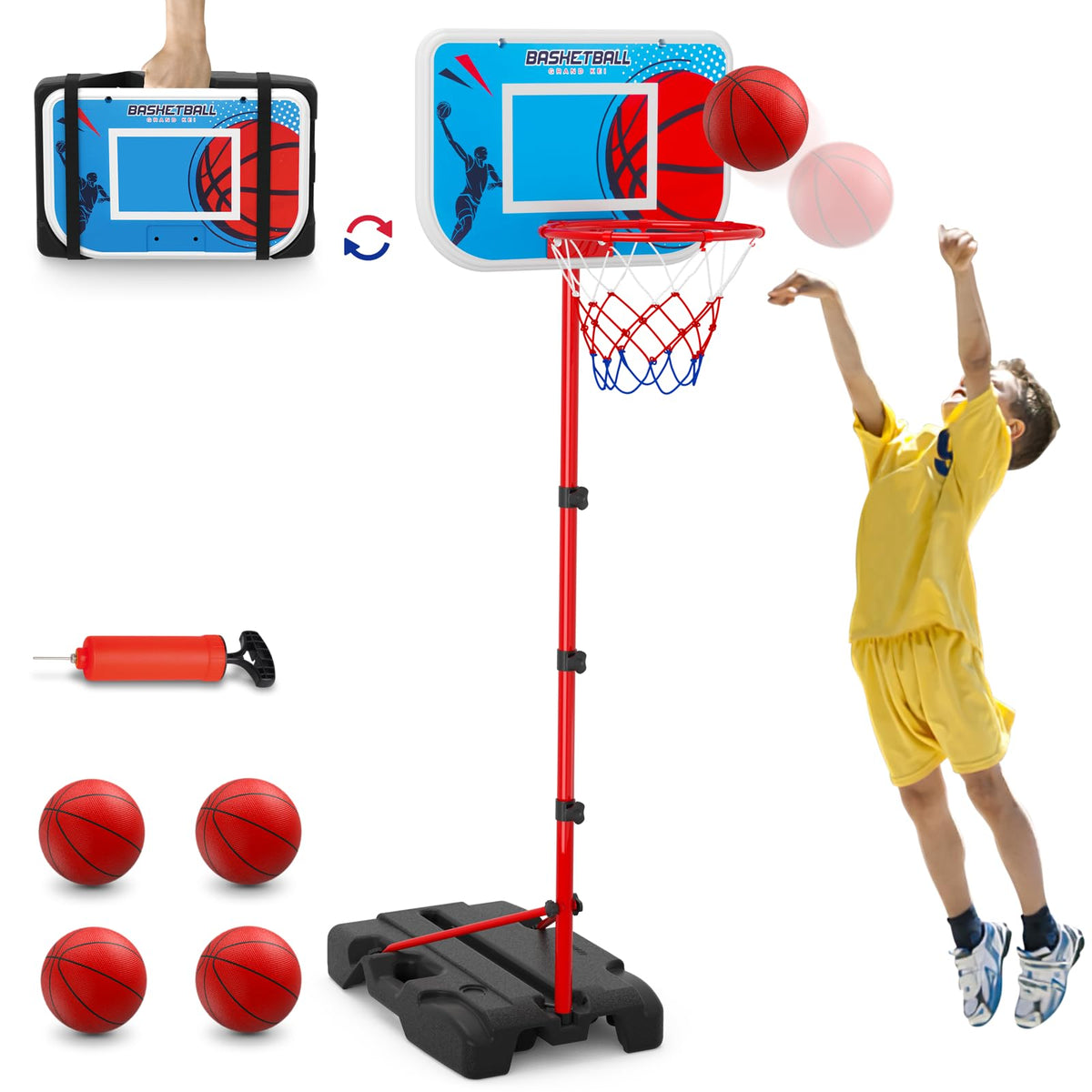 HYES kids basketball hoop portable-case setup for easy travel and storage.