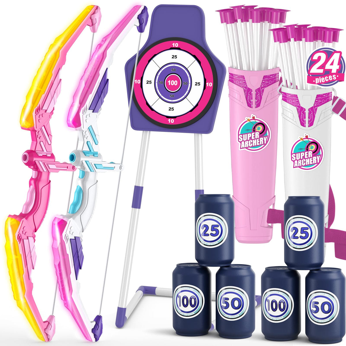 HYES LED bow and arrow set for kids with glow for night-time practice.