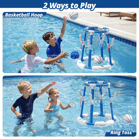 HYES pool hoop with four balls set for shooting and toss rounds.