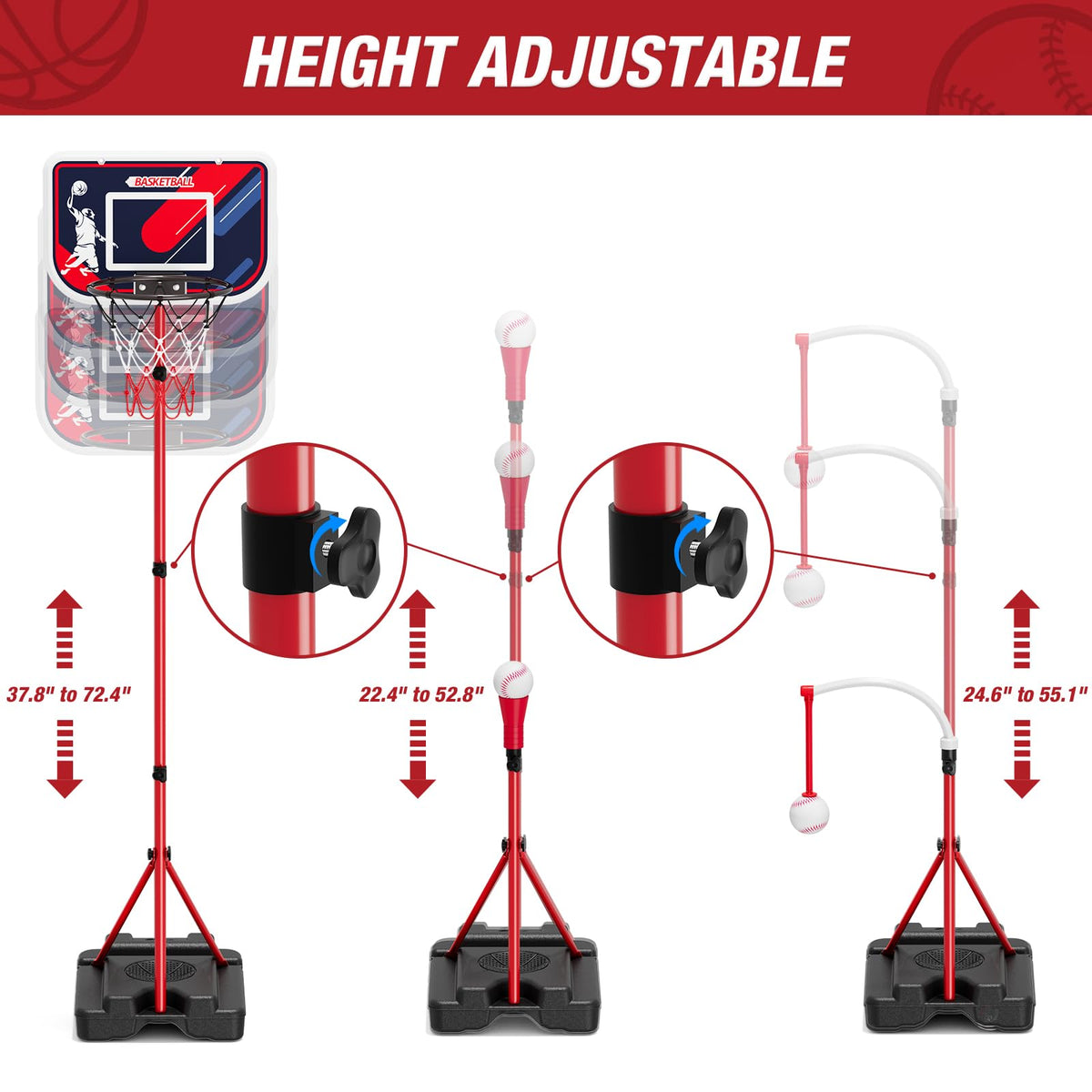 HYES tball-stand features adjustable height for growing players.