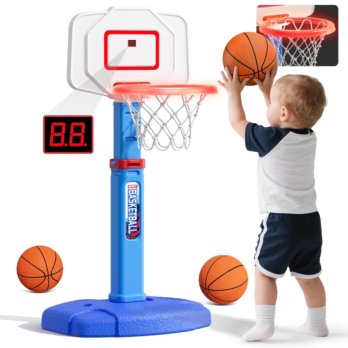 HYES Toddler Hoop LED Rim for night-time indoor play.