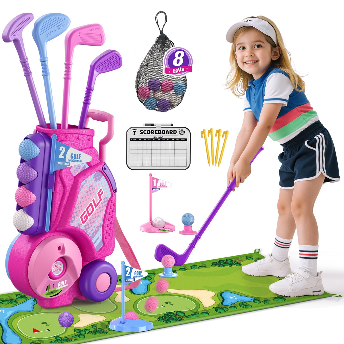 HYES toddler golf set with cart for easy storage and transport.