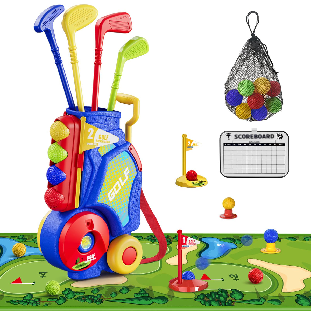 HYES Toddler Golf Set putting mat with obstacles for indoor play