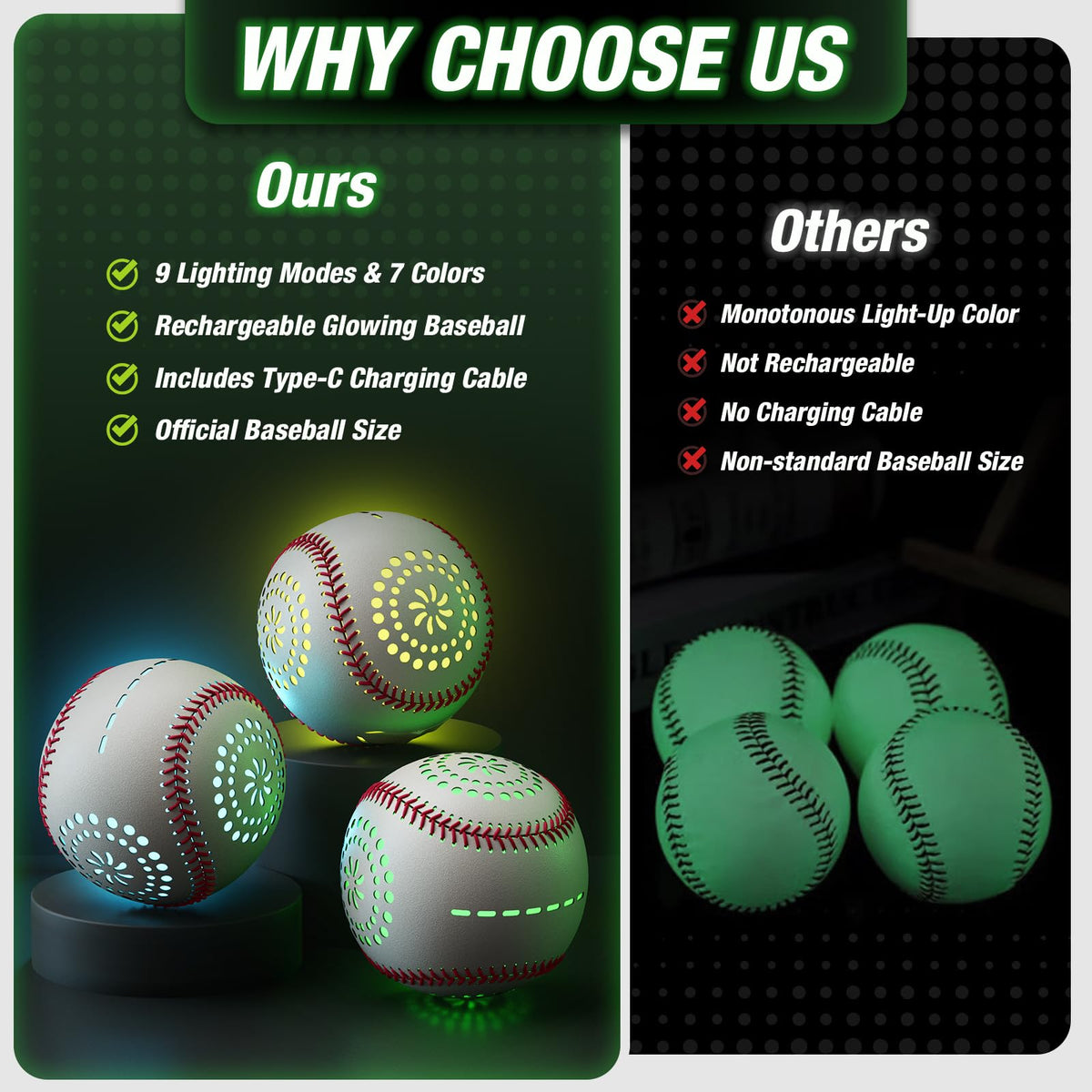 HYES USB-C rechargeable glow baseball for extended play sessions