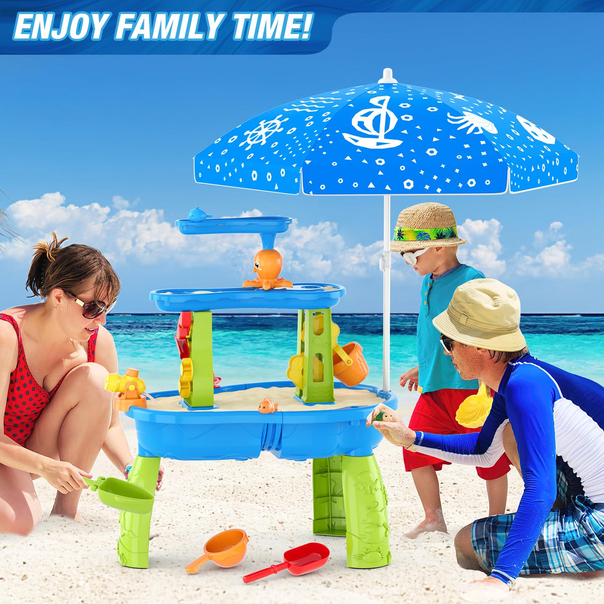 HYES Water Table adjustable umbrella with toys for beach-ready fun