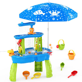 HYES Water Table with umbrella setup providing shade for outdoor play