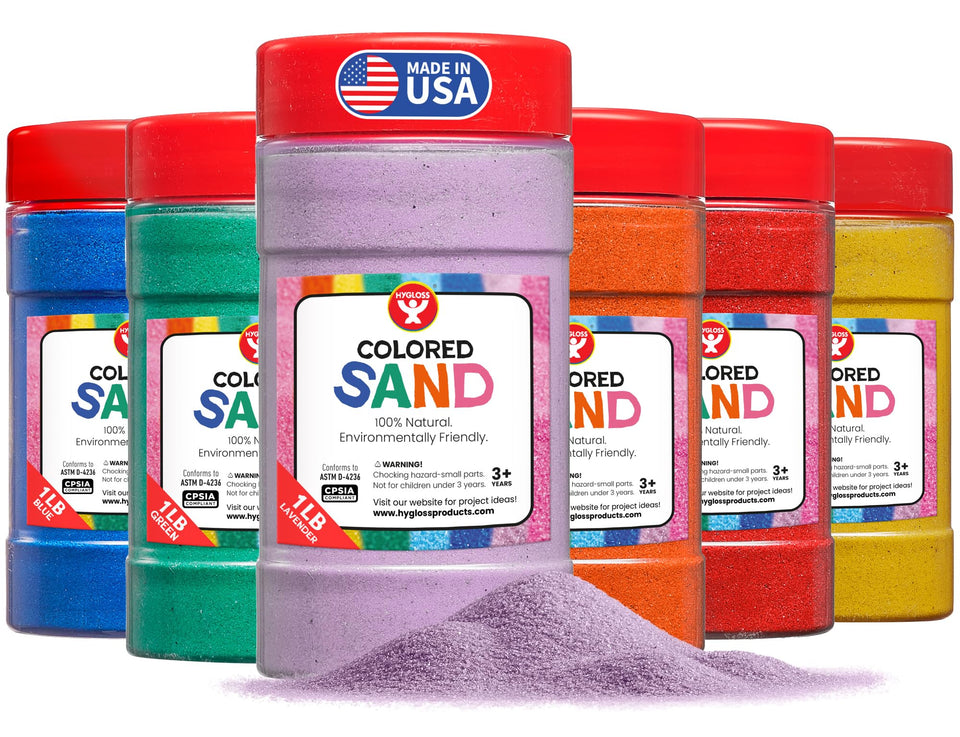 Hygloss colored sand in assorted colors for vibrant, festive art projects and sensory play.