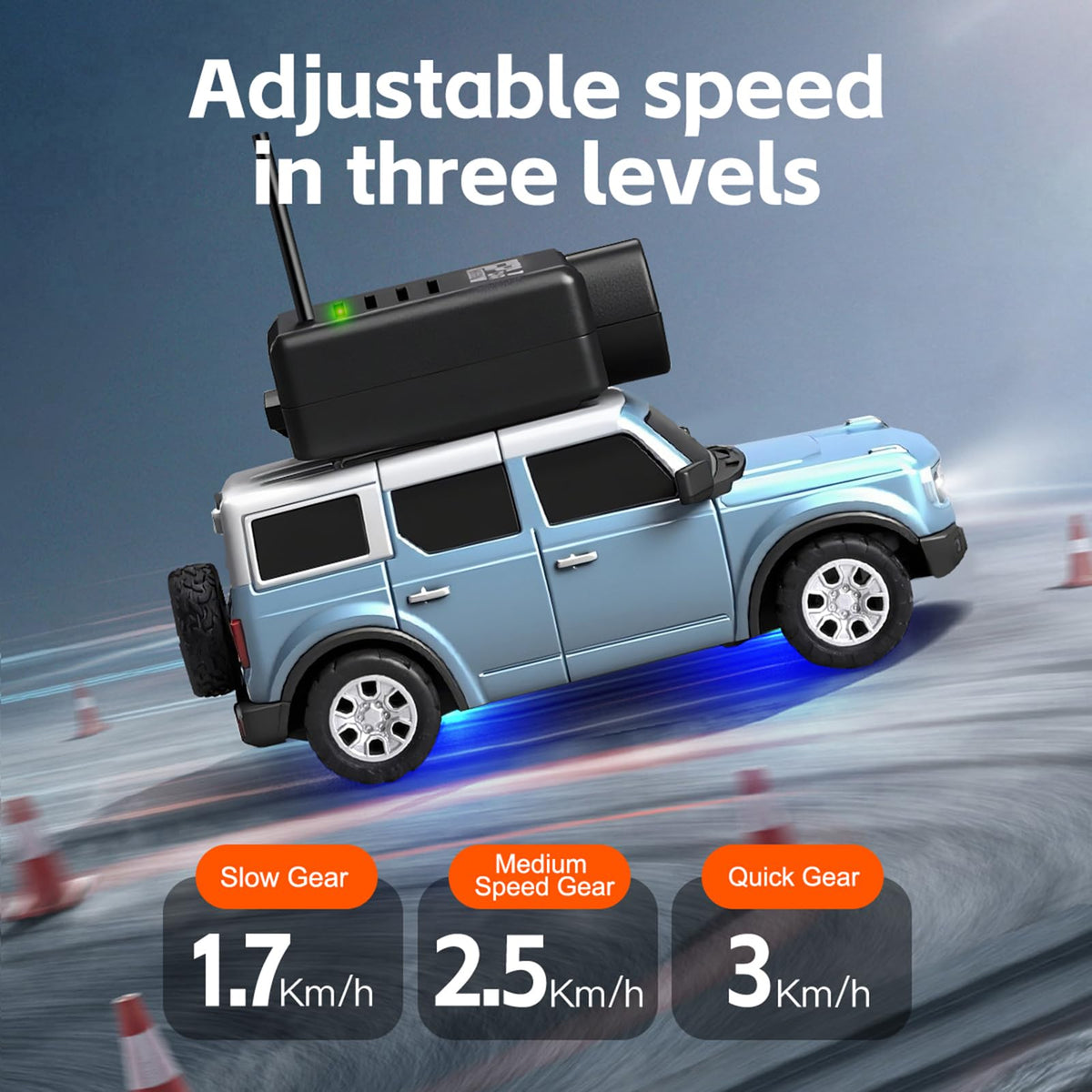 Hylukon WLtoys mini RC car blue drifting action with blue glow