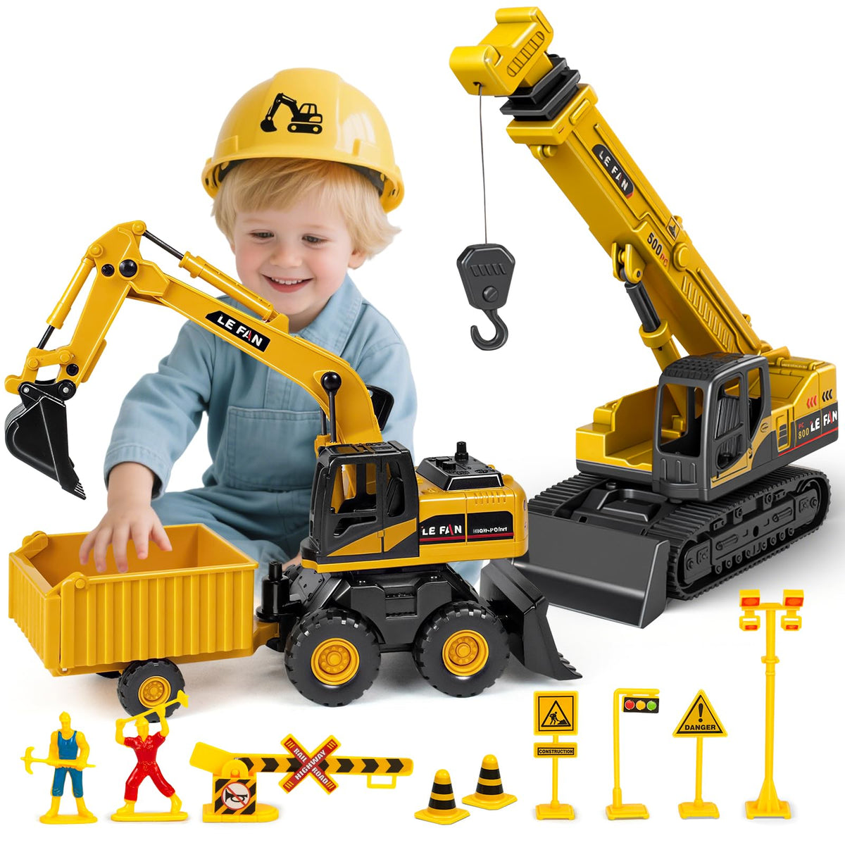 Hymaz 3-in-1 excavator, crane, and dump truck in action for imaginative construction play