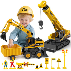 Hymaz 3-in-1 excavator, crane, and dump truck in action for imaginative construction play