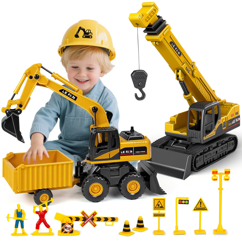 Hymaz 3-in-1 excavator, crane, and dump truck in action for imaginative construction play