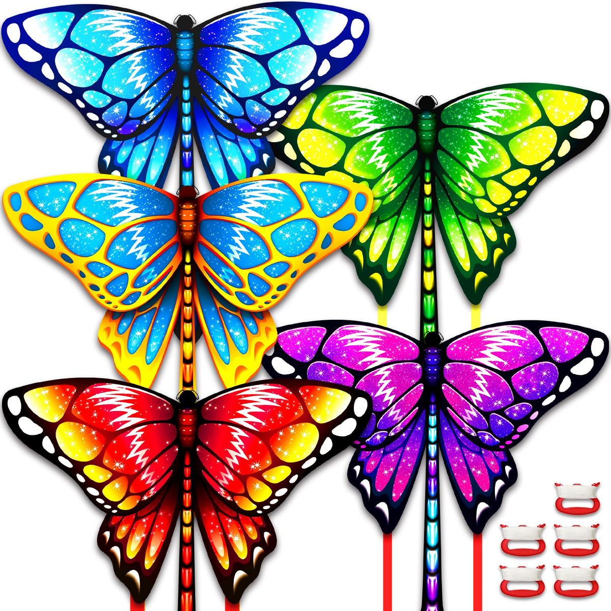 Hymaz five-pack butterfly kites packaging image showing contents for easy outdoor fun