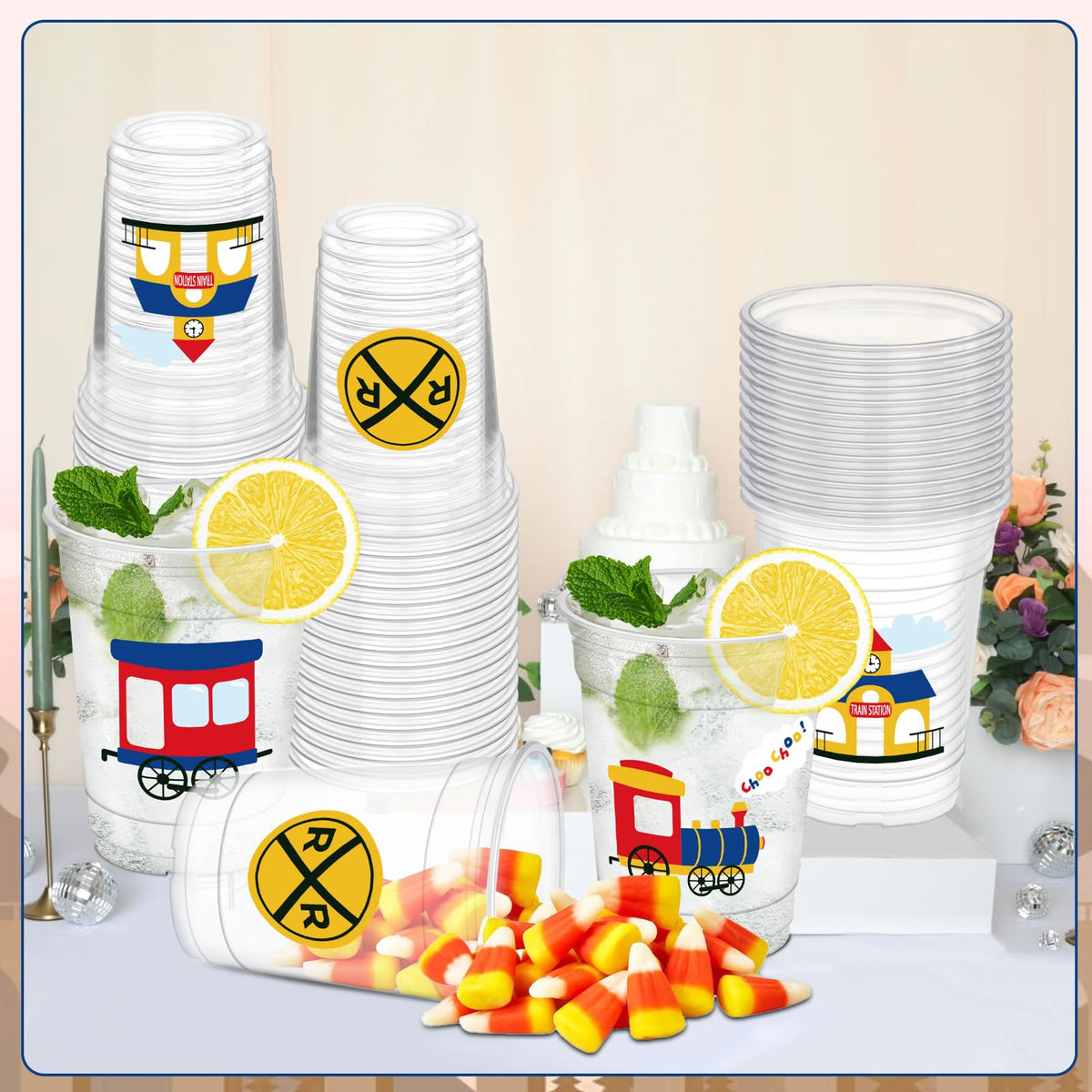 HYMENEX 12oz plastic cups with train motif for beverages.