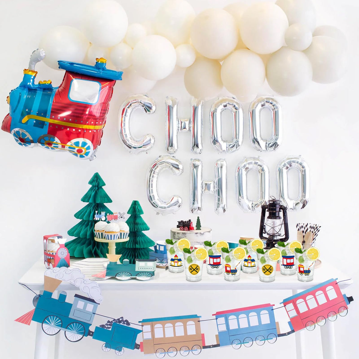 HYMENEX birthday cups train pattern enhance table decor and fun.