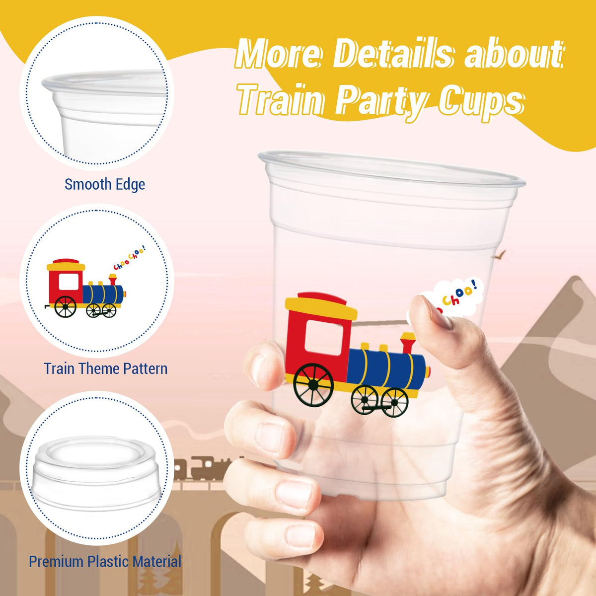 HYMENEX train party cups pattern for themed decorations and easy cleanup.