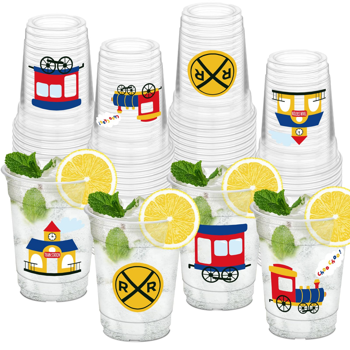 HYMENEX train theme cups 12oz with playful train pattern for parties.