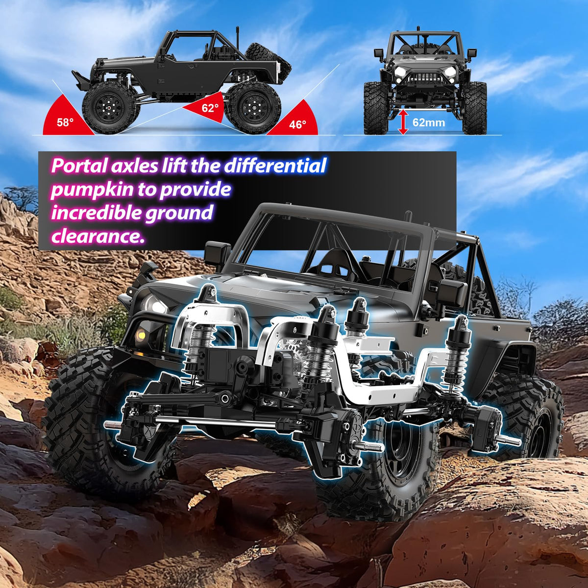 Hyper Go H12Y portal axles offer higher ground clearance on challenging terrain.