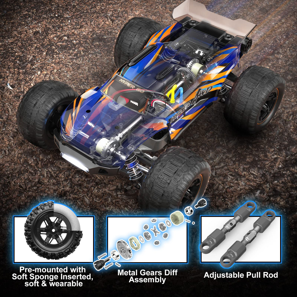 Hyper GO H16DR side view highlights aluminum oil-filled shocks for stability