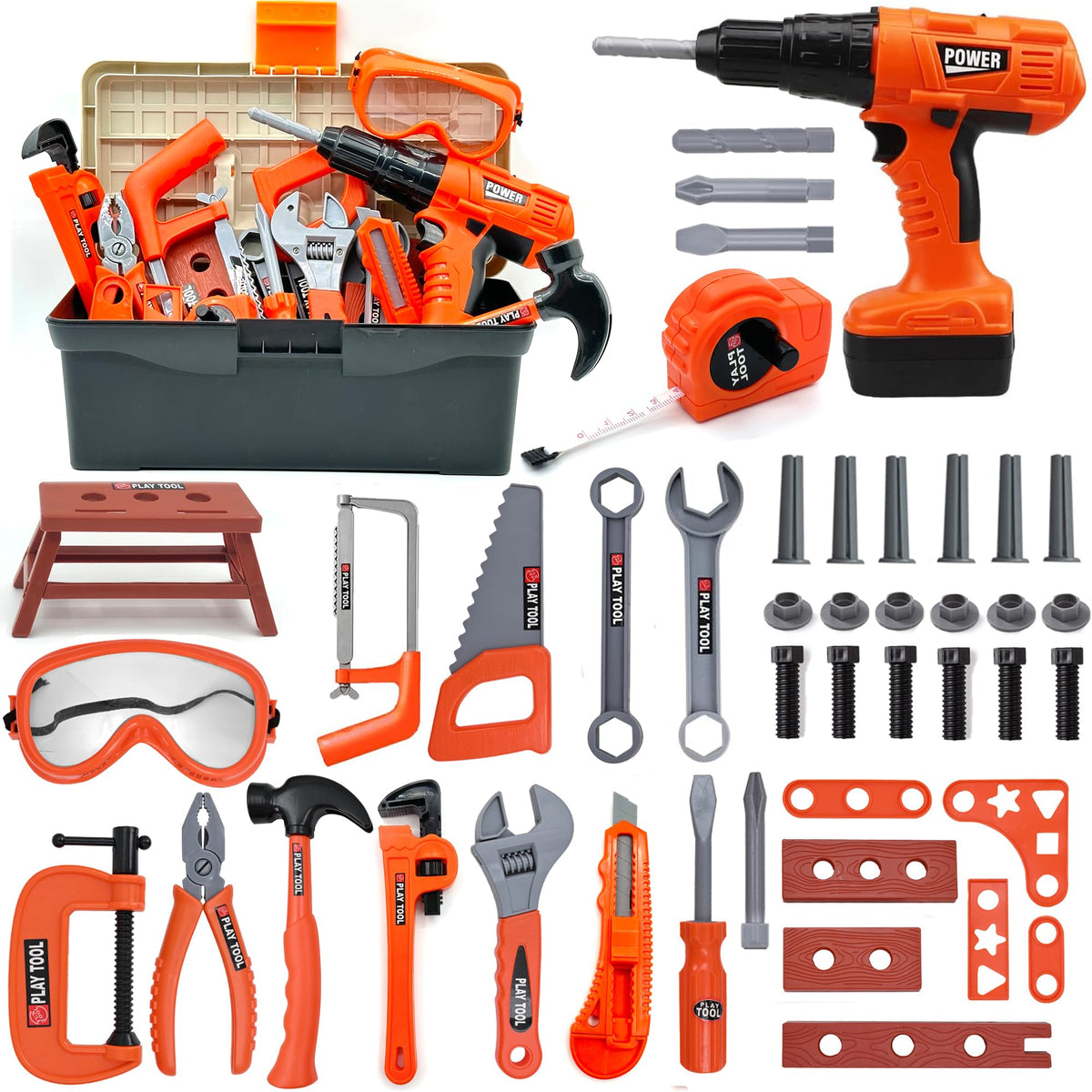 HYRENEE 48-piece tool set with toolbox and realistic tools for pretend construction play
