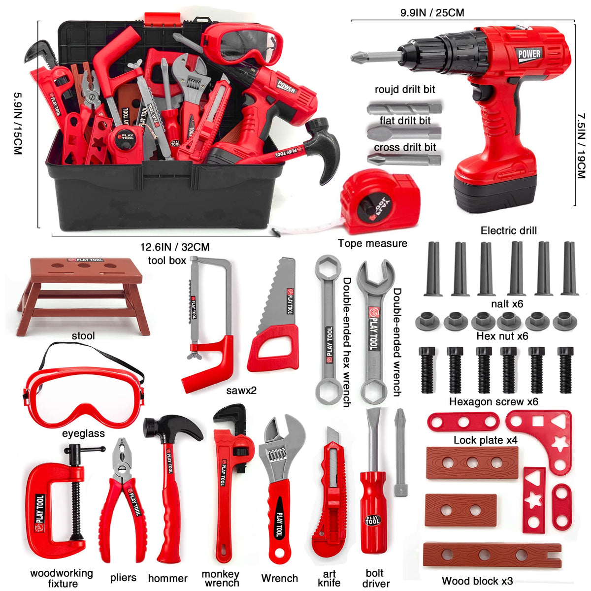 HYRENEE Kids Tool Set electric drill with bits for realistic sound and pretend repair