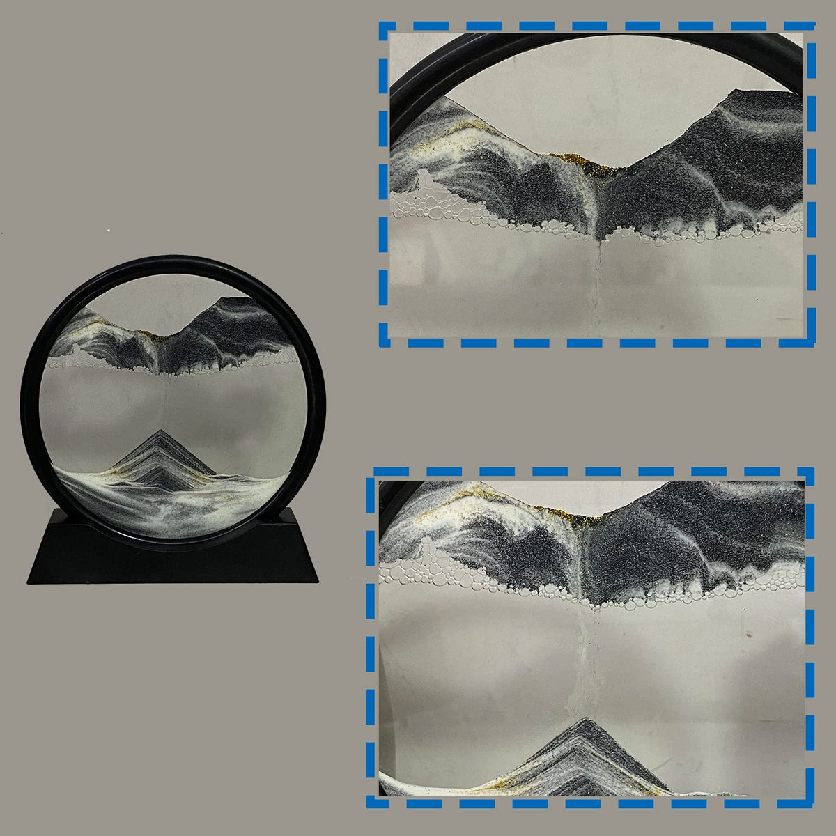 HYUGF Moving Sand Art Round Glass Frame displaying a vivid 3D sandscape on a desk.