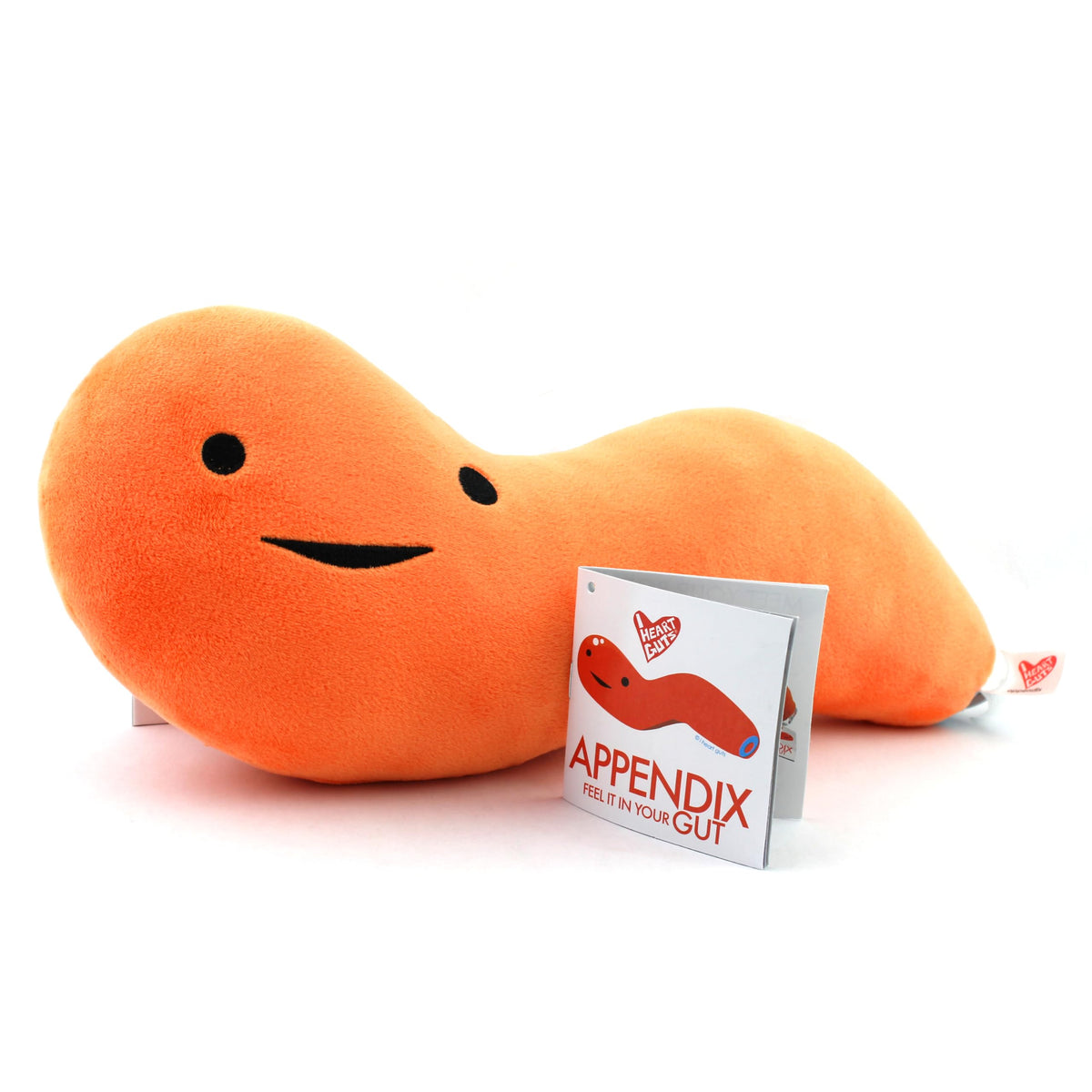 I Heart Guts Appendix Plush angled view, a cozy teaching tool that eases medical conversations.