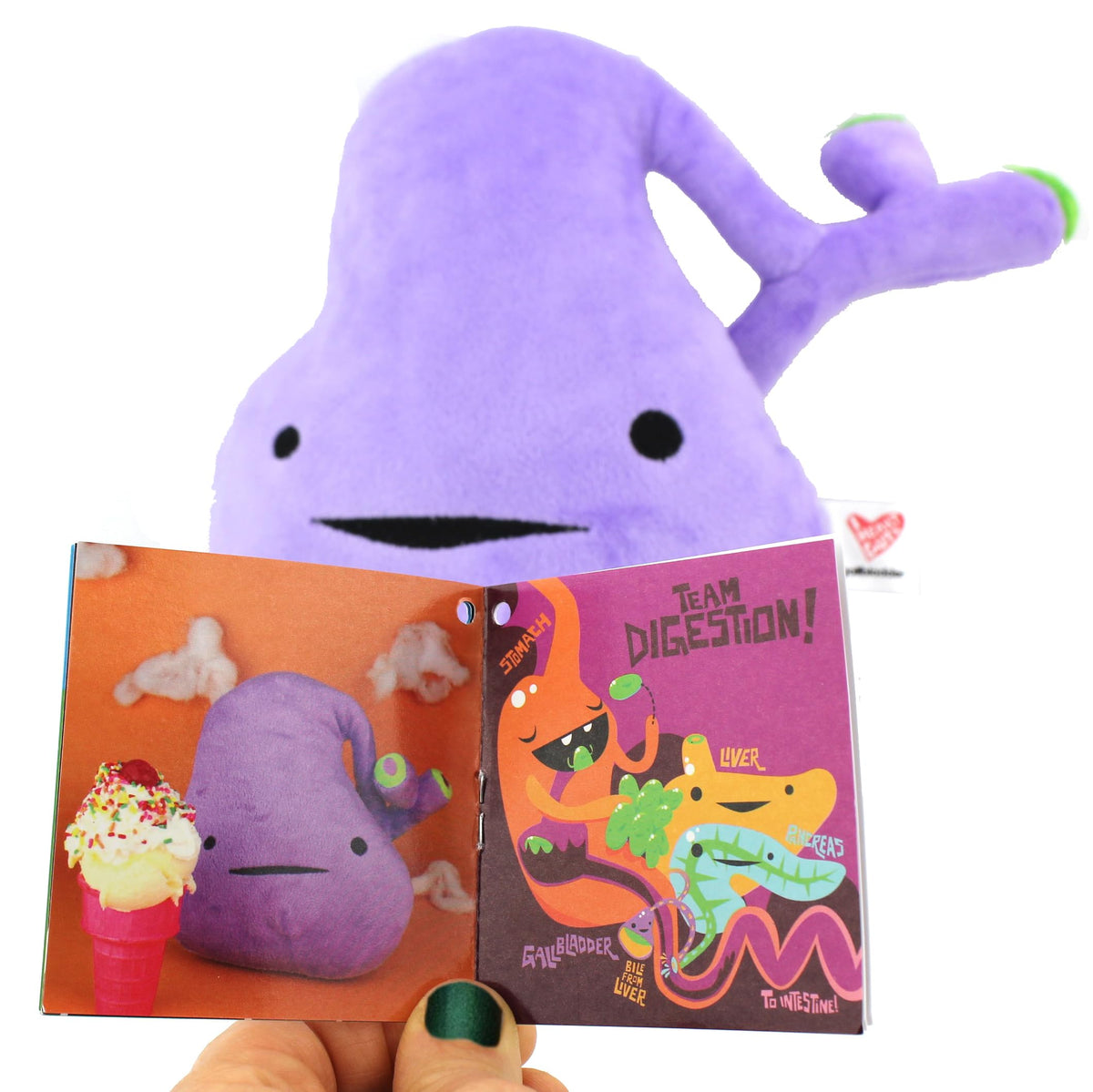 I Heart Guts gallbladder plush with booklet aids learning and curiosity.