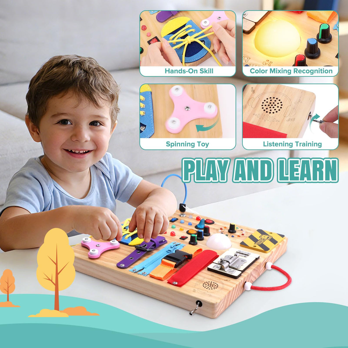 Iabedi Busy Board music box spins to engage early auditory curiosity during play