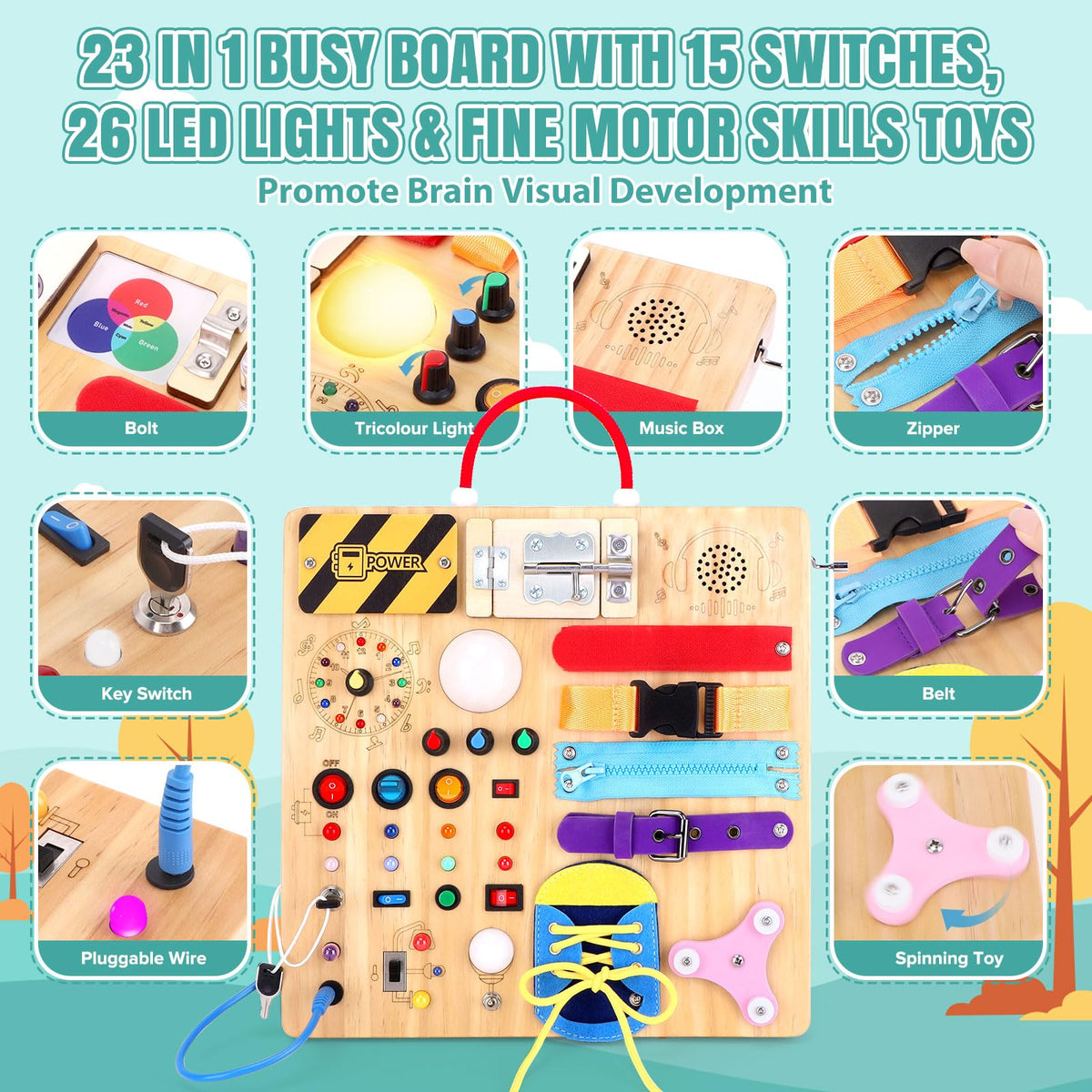 Iabedi wooden Montessori Busy Board fosters tactile exploration on a durable eco-friendly surface
