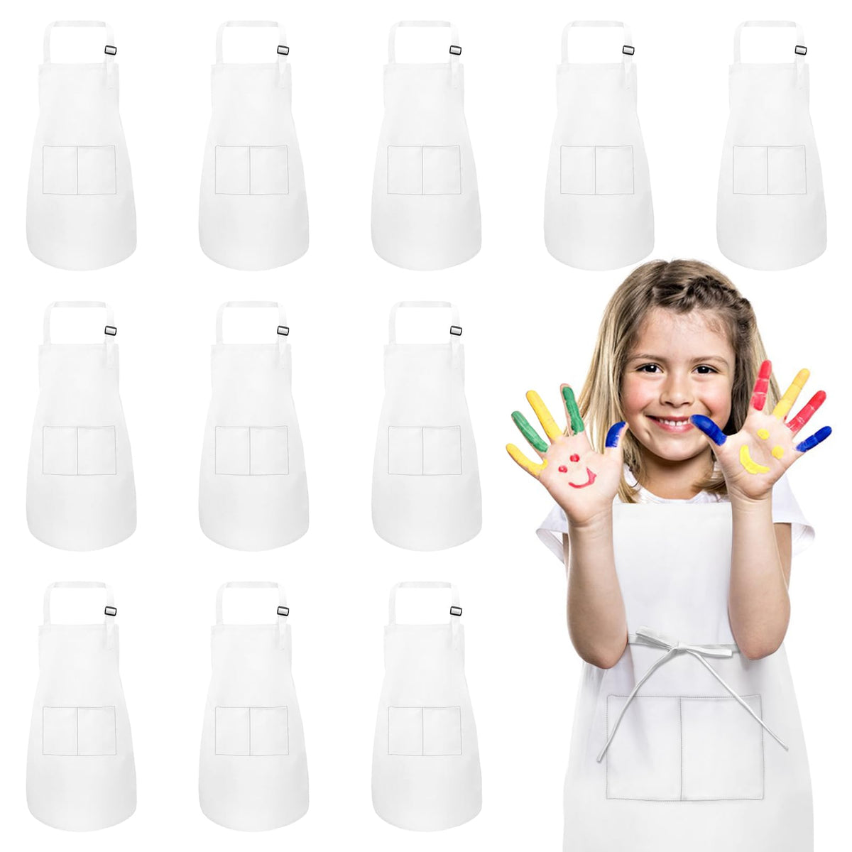 IAGBIBUI kids apron 12-pack with front pockets for quick storage.
