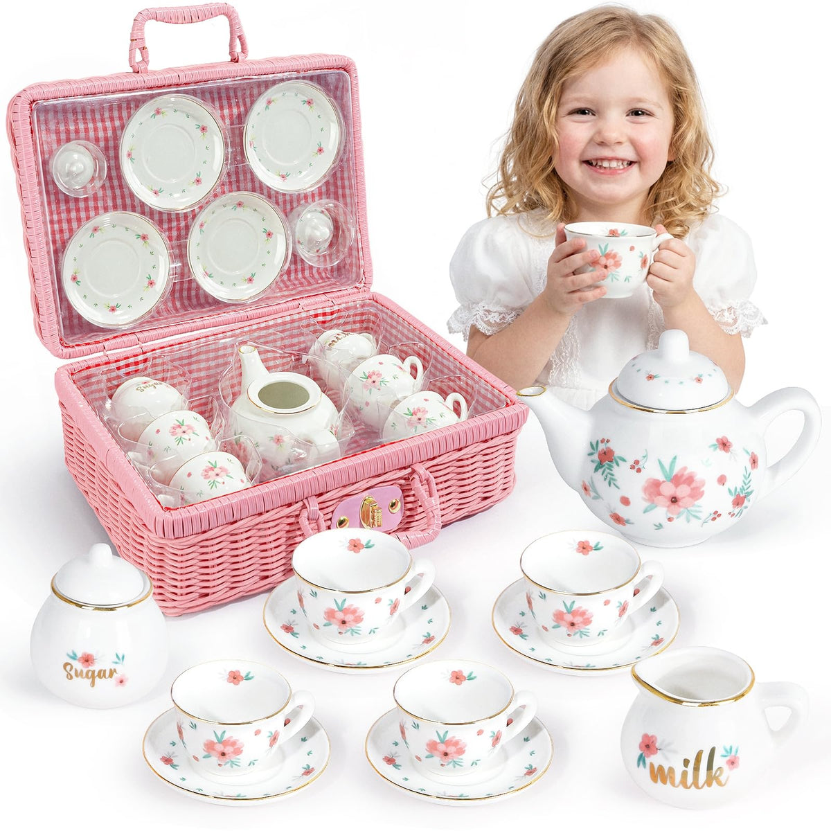 iAOVUEBY porcelain tea set with rosebud design for pretend tea parties and imaginative play