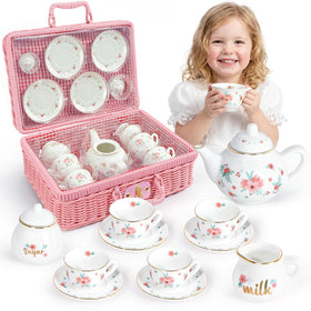 iAOVUEBY porcelain tea set with rosebud design for pretend tea parties and imaginative play