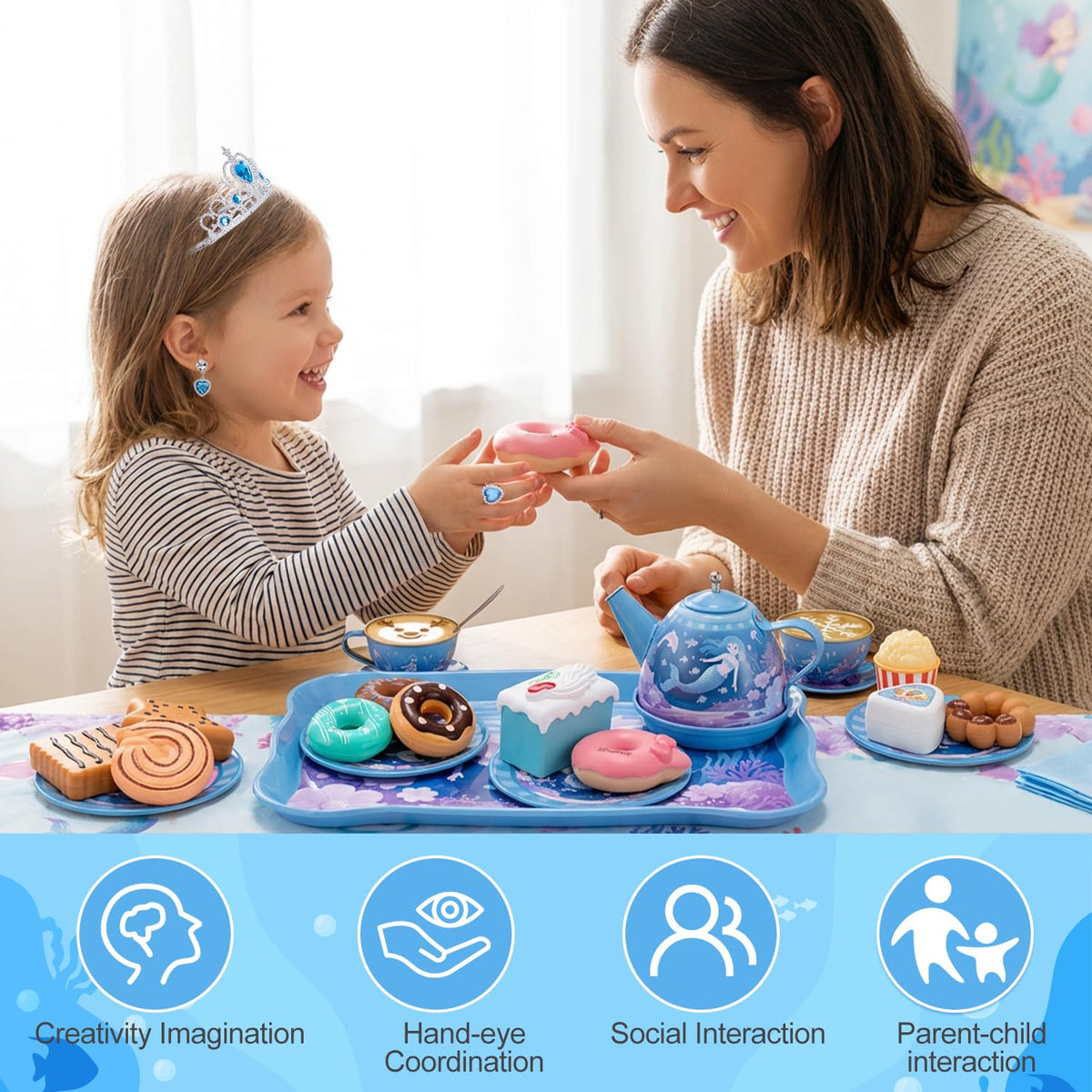 iAOVUEBY 3-tier cake stand holds colorful pretend desserts.