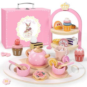 iaovueby wooden tea set teapot with smooth edges for safe toddler pretend play.