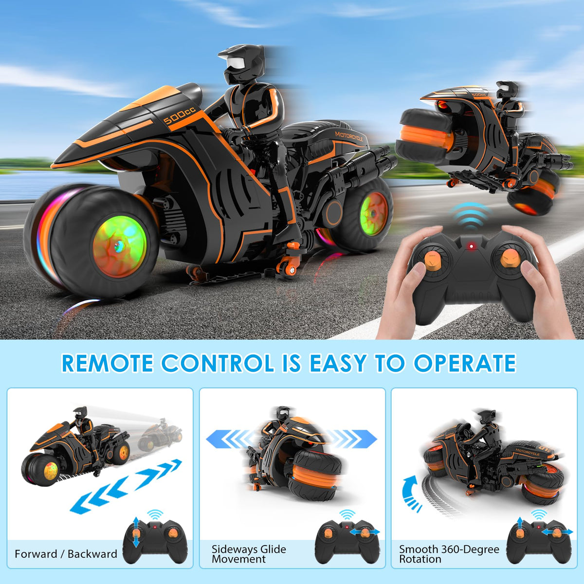 iappadore RC motorcycle performs 360° spins for dynamic tricks