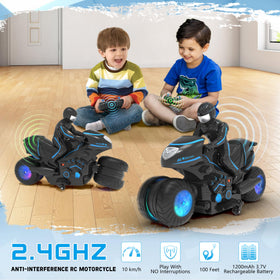 iappadore RC motorcycle high-speed action across carpet, grass, and pavement