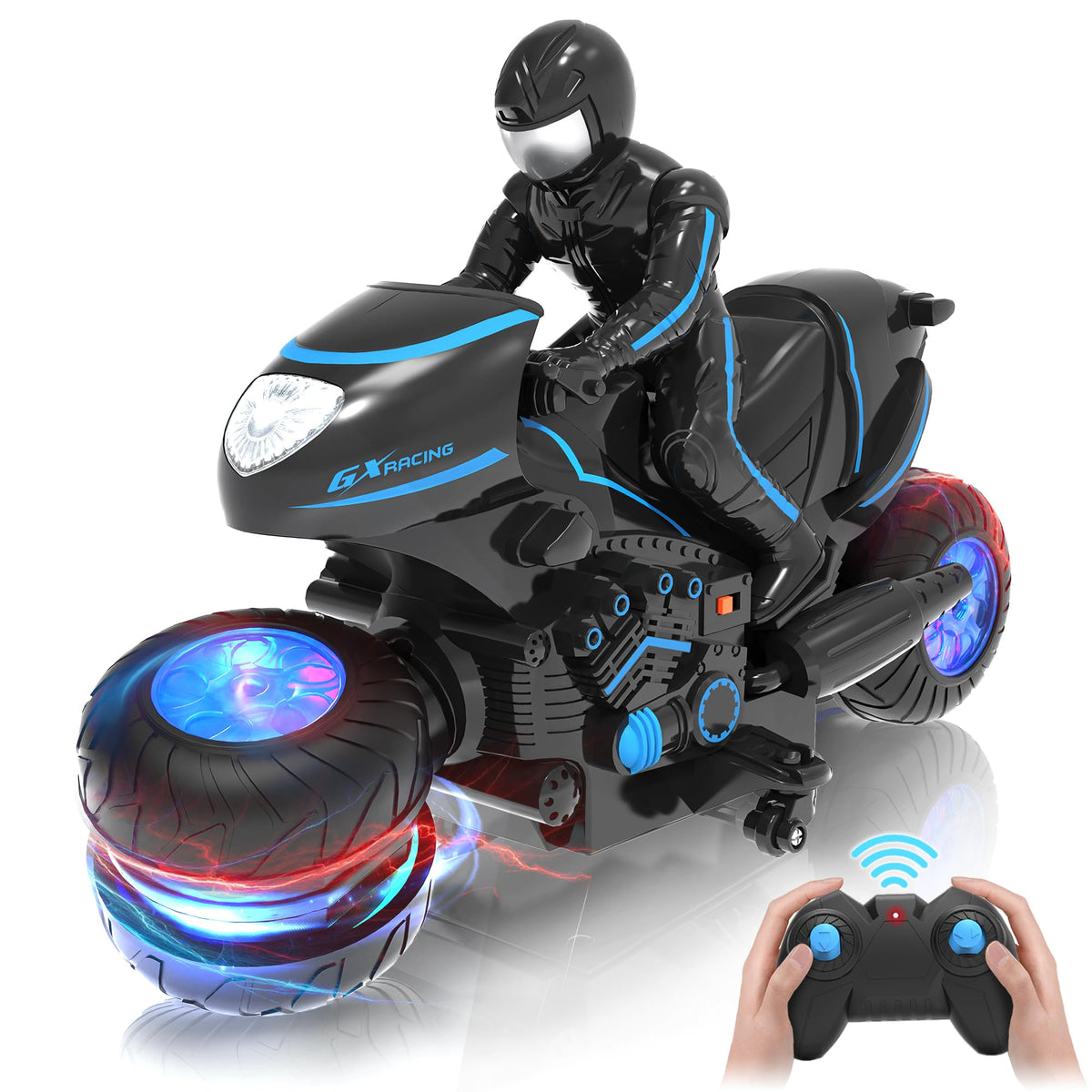 iappadore RC motorcycle with LED wheels for night visibility and style
