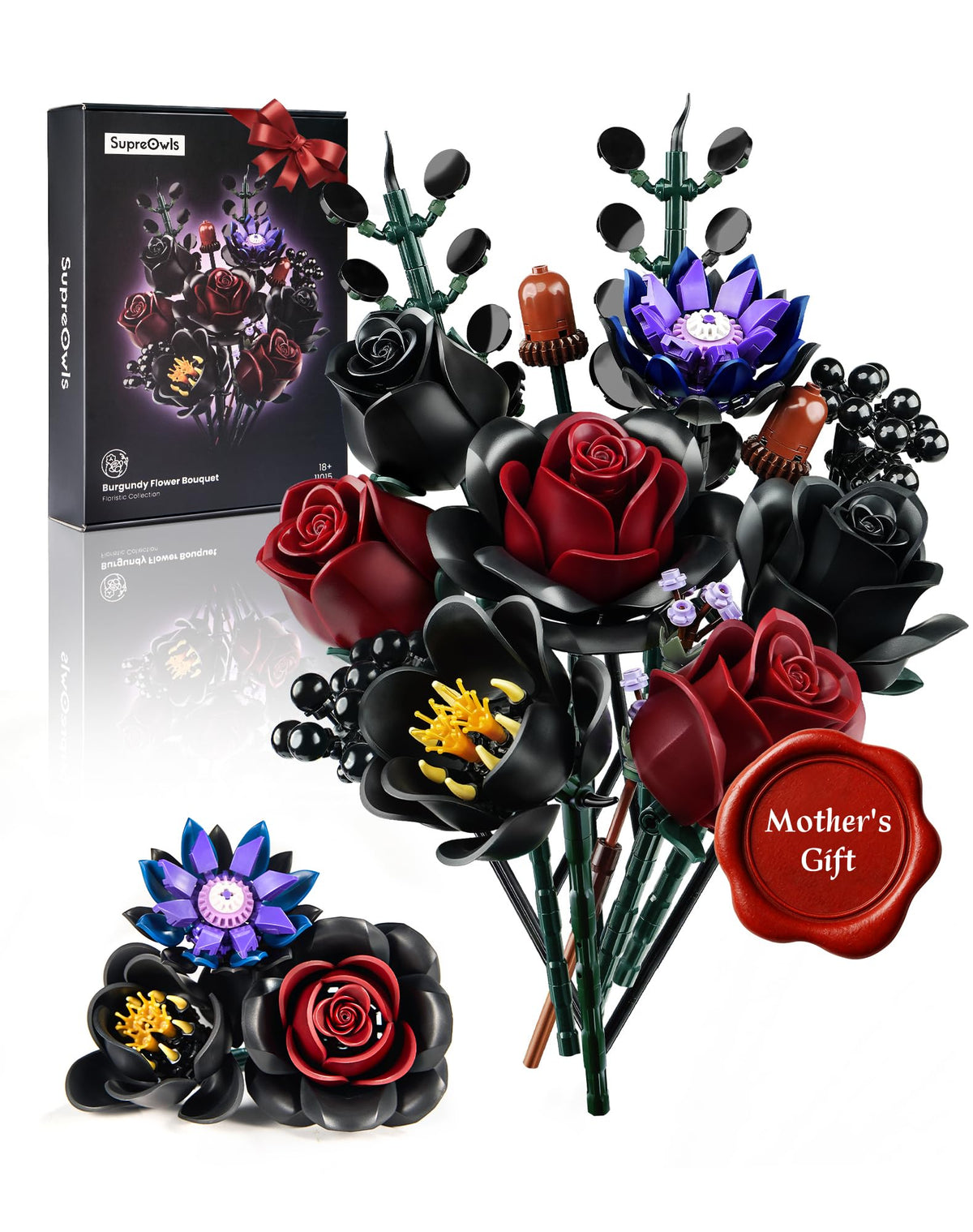iATOM Black Burgundy Red Rose Bouquet Building Set close-up of roses shows color and texture for dramatic decor
