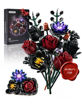 iATOM Black Burgundy Red Rose Bouquet Building Set close-up of roses shows color and texture for dramatic decor