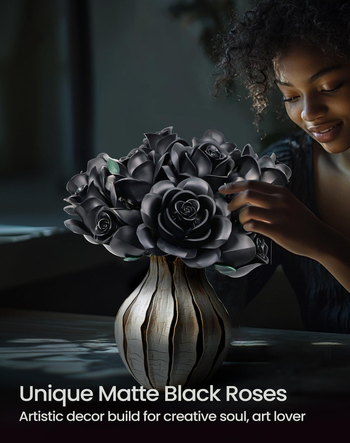 iATOM Black Rose Bouquet swing petals for versatile display options
