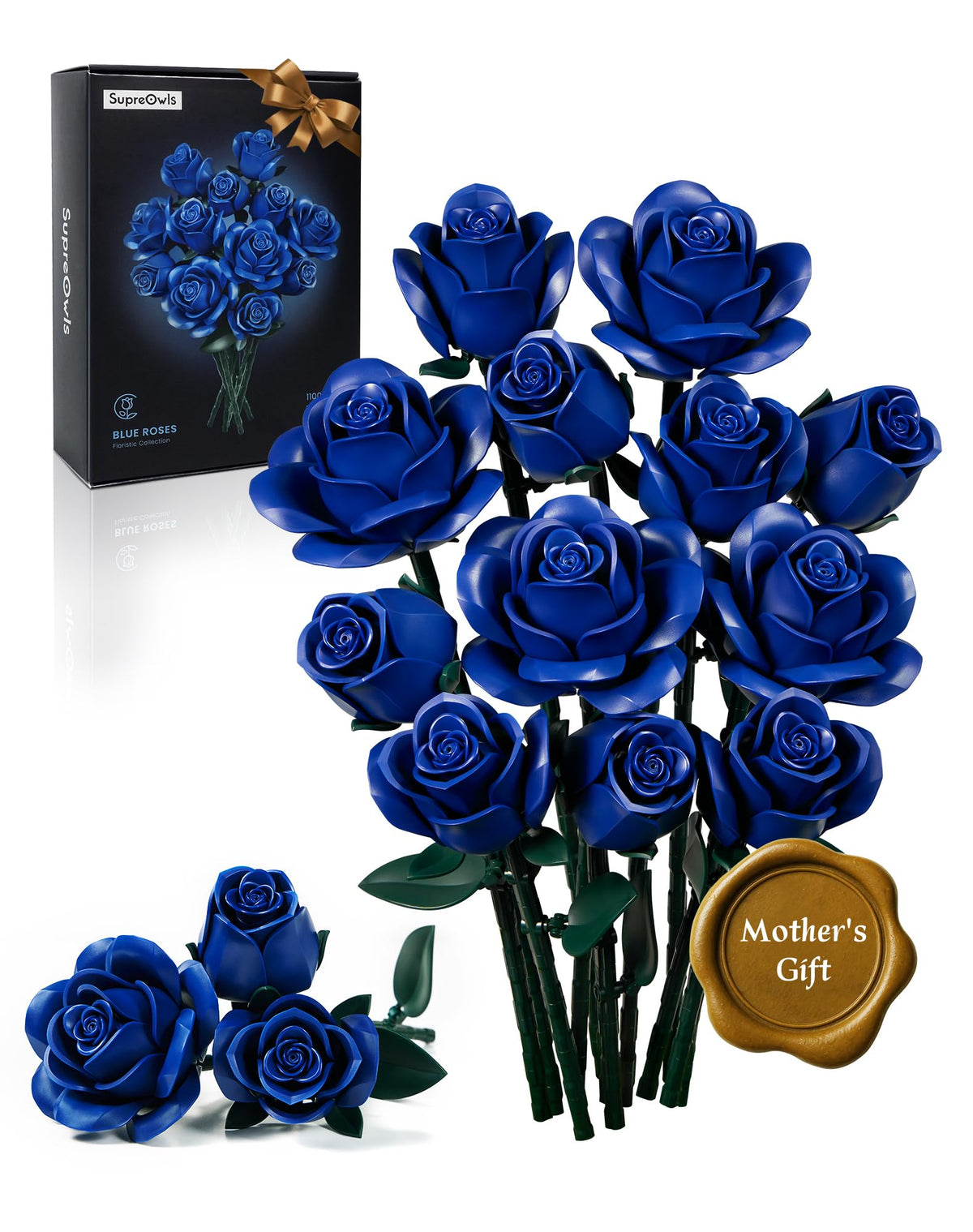 iATOM Blue Rose Bouquet bricks highlight navy petals for a striking home centerpiece