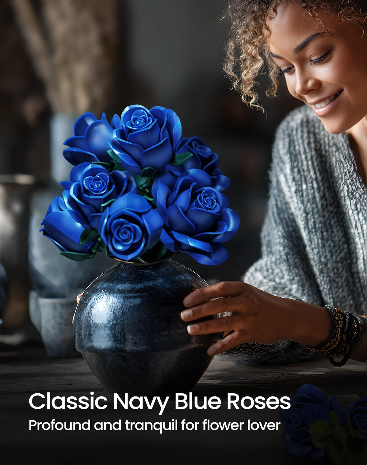 iATOM Blue Rose Bouquet bricks show adjustable stems for versatile vase displays