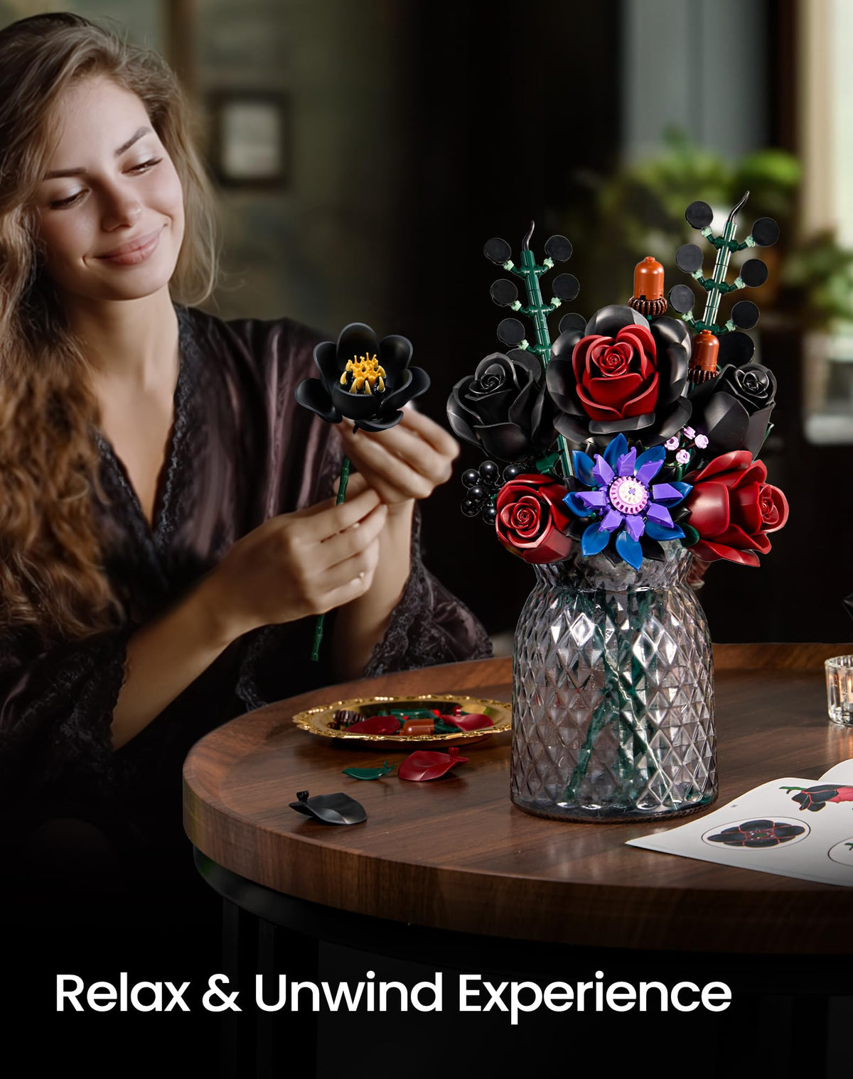 iATOM Black Burgundy Red Rose Bouquet Building Set detailed-parts highlights versatile stems and removable petals for customization