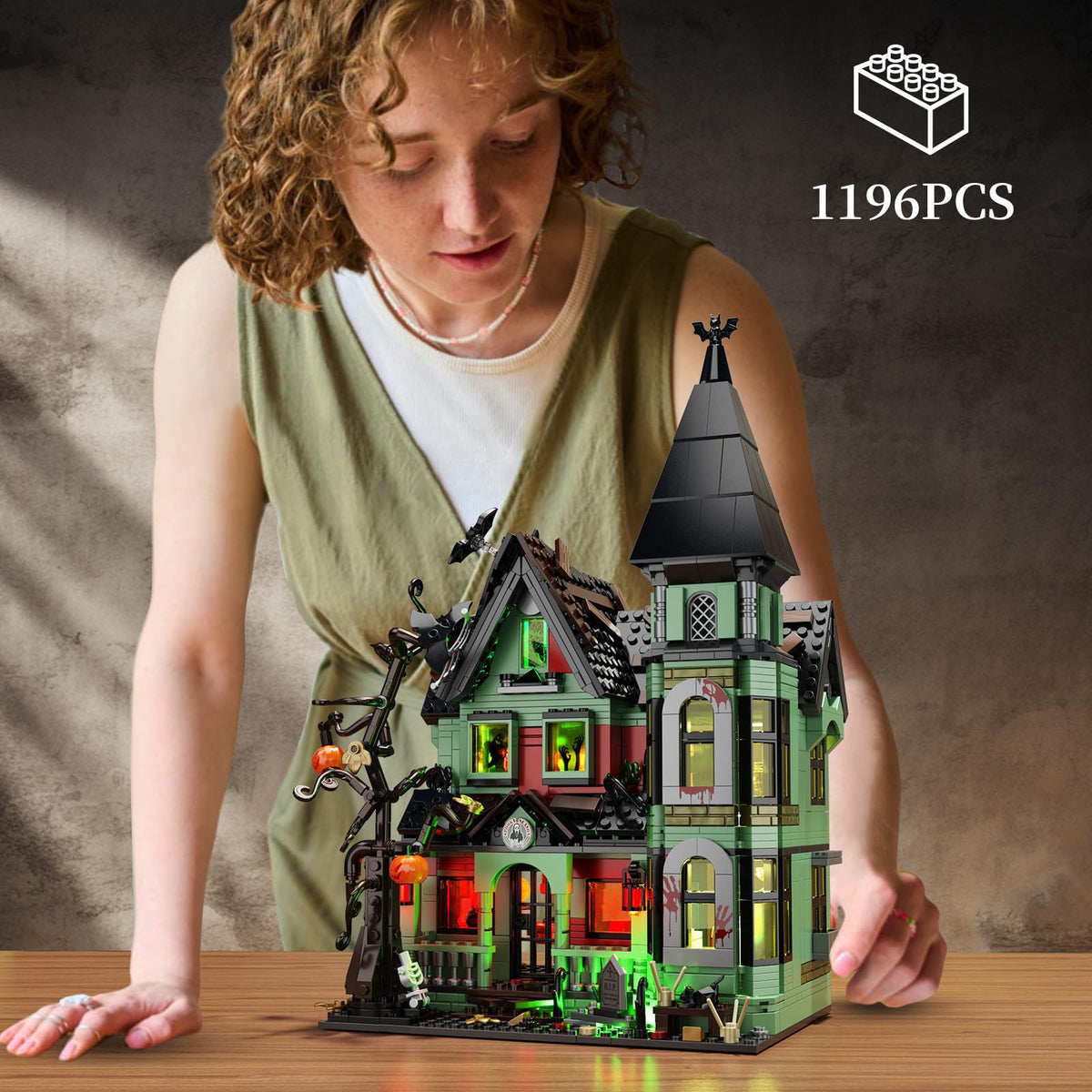iATOM Haunted House Building Set bat and tombstone accents for spooky tabletop displays.