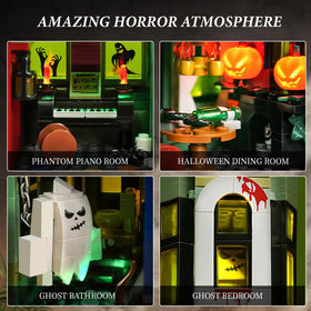 iATOM Haunted House Building Set ghosts and lights create vivid nighttime scenes.