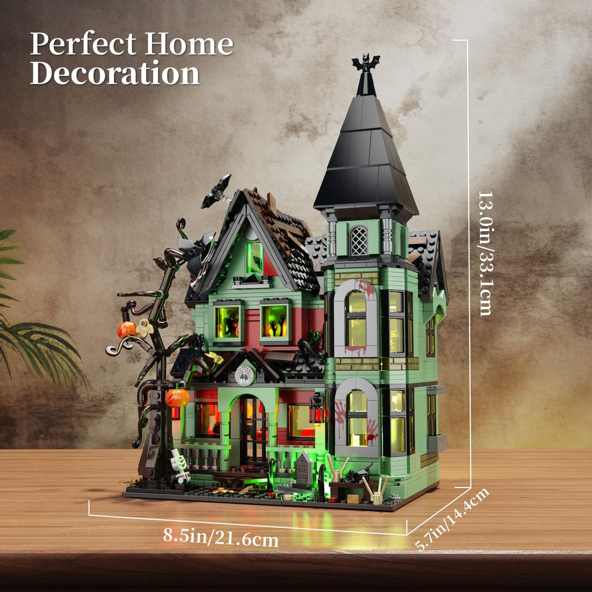 iATOM Haunted House Building Set multicolor LEDs brighten your Halloween display.