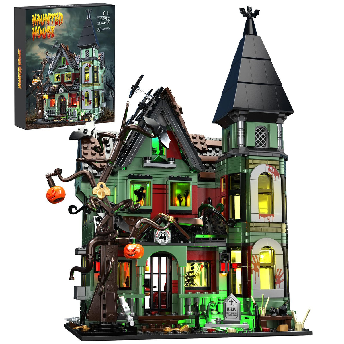 iATOM Haunted House Building Set pumpkin details for dramatic Halloween decor and family fun.