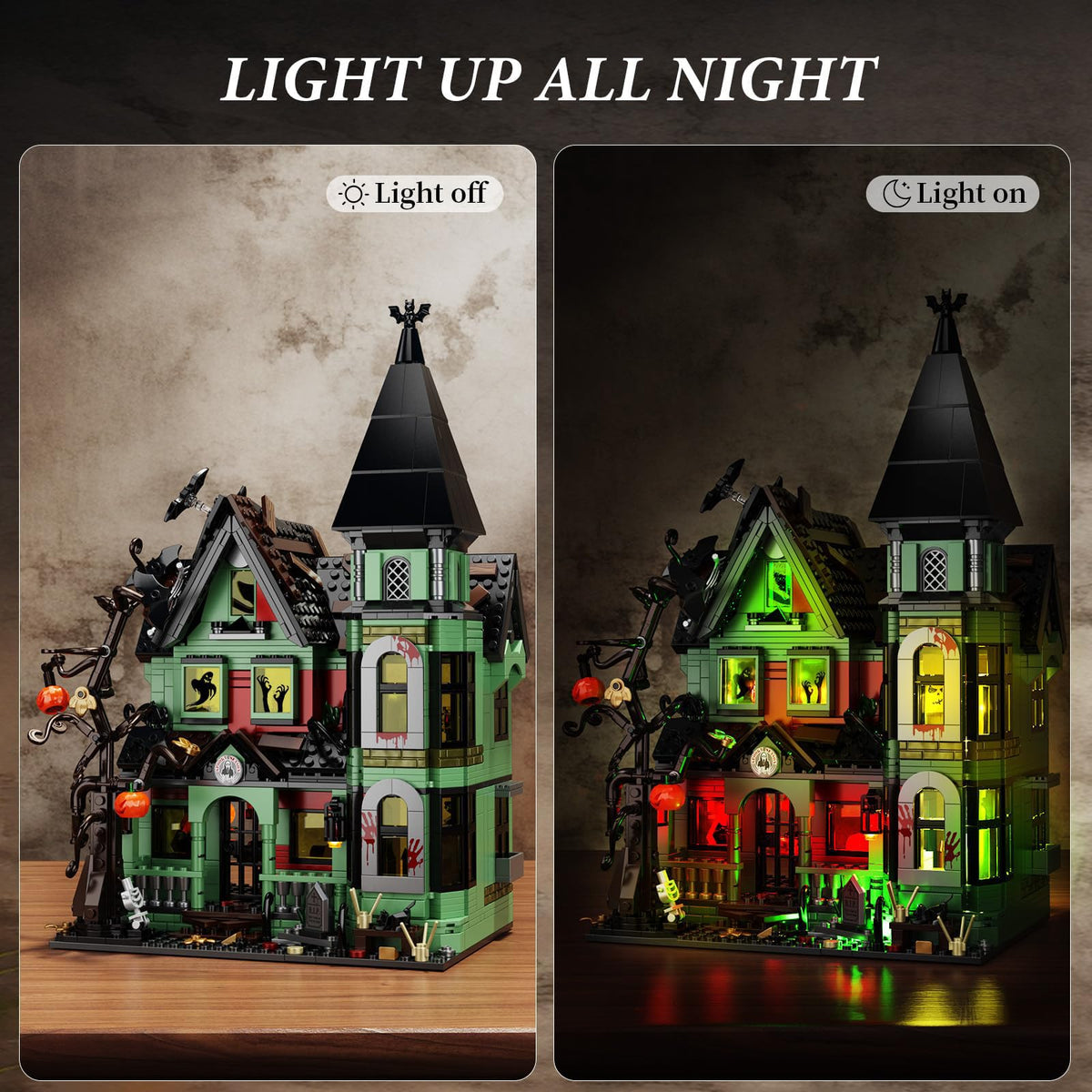 iATOM Haunted House Building Set skeletons and cats add eerie detail to your setup.