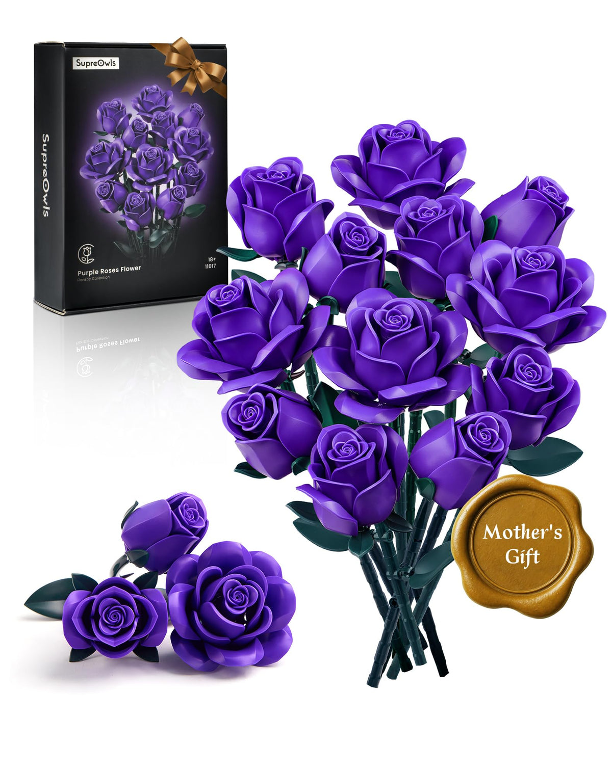iATOM Purple Rose Bouquet building set front view shows a striking home centerpiece